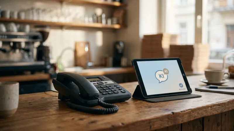 Festnetztelefon und Tablet mit KI-Sprechblase auf einer Café-Theke