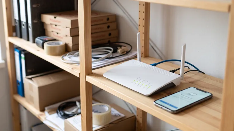 WLAN-Router mit Smartphone auf einem Regal im Büro eines kleinen Betriebs
