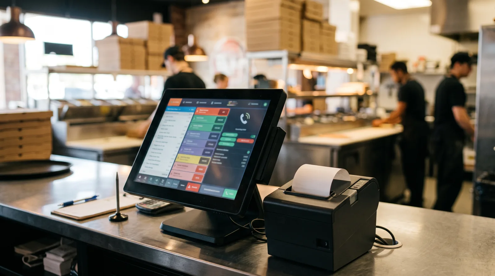 Kassenterminal mit eingehender Bestellung und Bondrucker auf der Theke eines Lieferdienstes