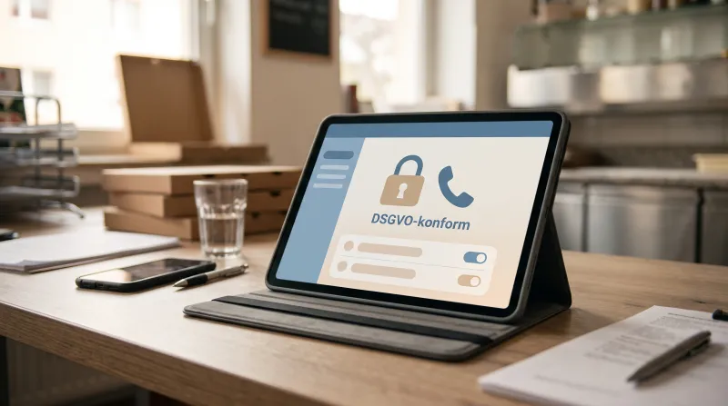 Tablet mit Schloss- und Telefonsymbol und dem Hinweis DSGVO-konform auf einem Schreibtisch