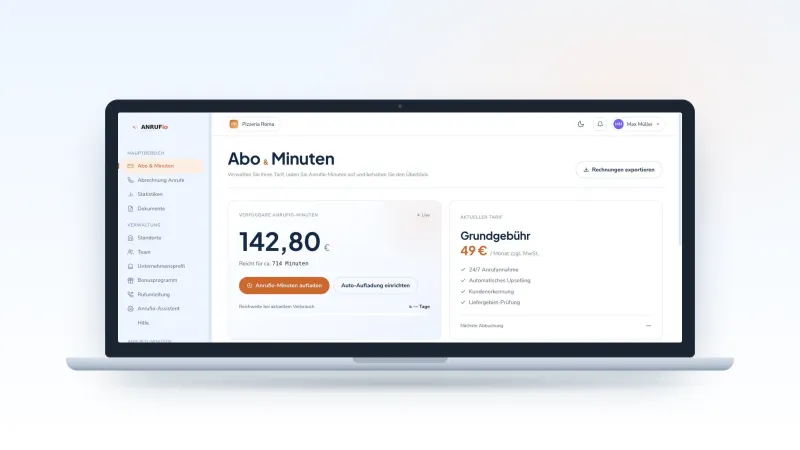 Laptop mit dem ANRUFio-Dashboard: verfügbare Anrufio-Minuten, Grundgebühr 49 € im Monat und enthaltene Leistungen