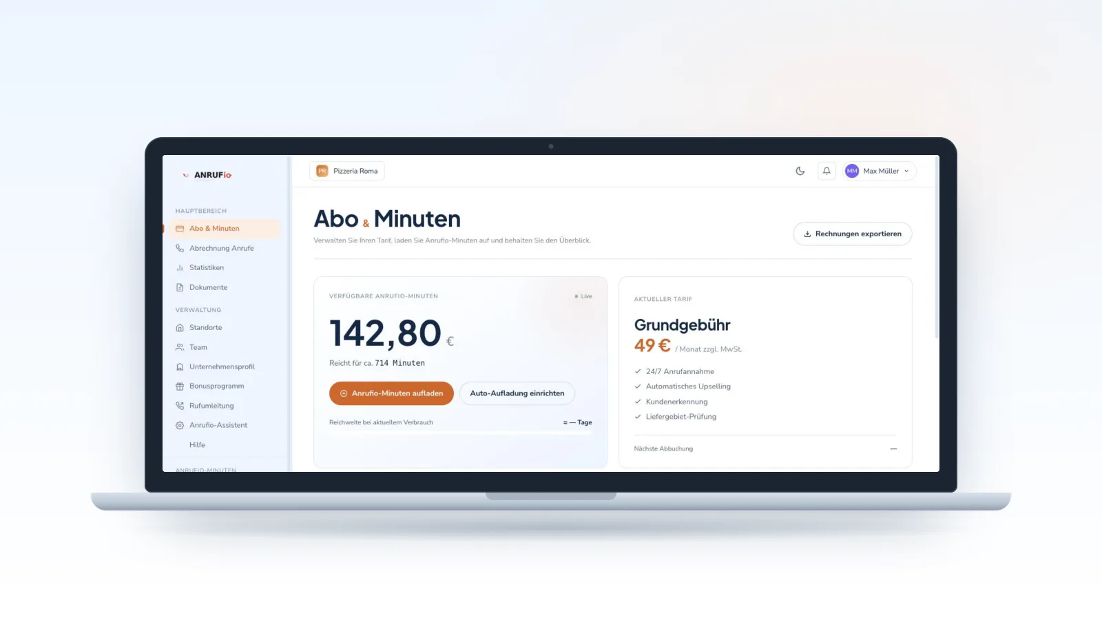 Laptop mit dem ANRUFio-Dashboard: verfügbare Anrufio-Minuten, Grundgebühr 49 € im Monat und enthaltene Leistungen