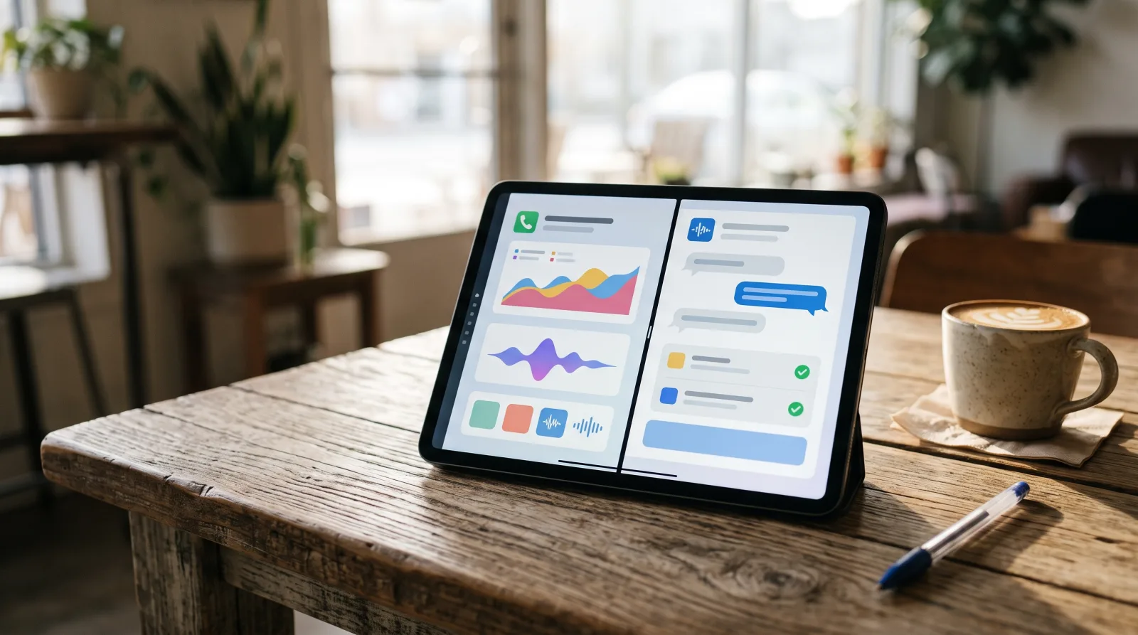 Tablet mit zwei App-Oberflächen nebeneinander auf einem Holztisch im Café