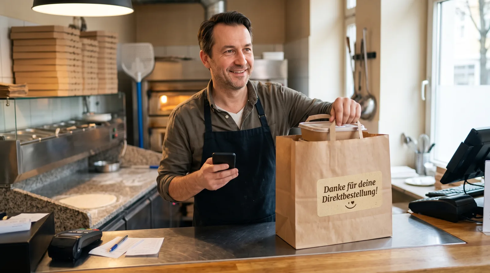 Lächelnder Pizzeria-Inhaber mit Smartphone packt eine Tüte mit dem Aufkleber „Danke für deine Direktbestellung!“