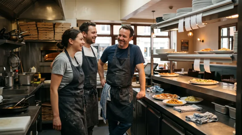 Gut gelauntes Küchenteam an der Essensausgabe eines Restaurants