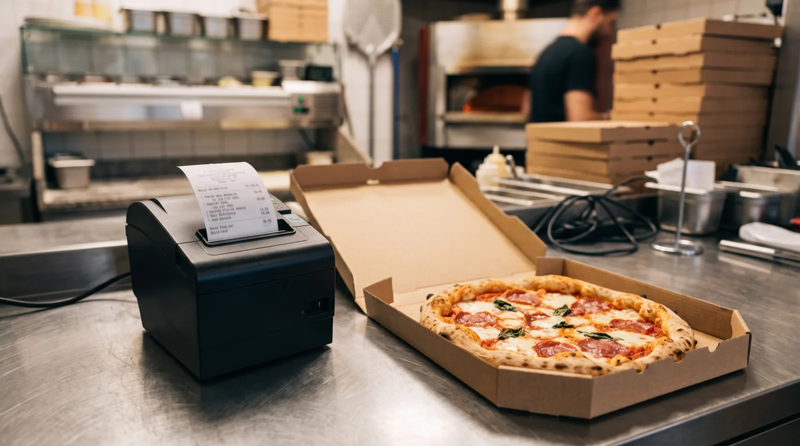 Bondrucker druckt einen Küchenbon neben einer frischen Pizza im Karton