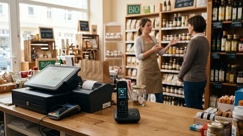 Verkäuferin berät eine Kundin am Regal, während an der Kasse das Telefon klingelt