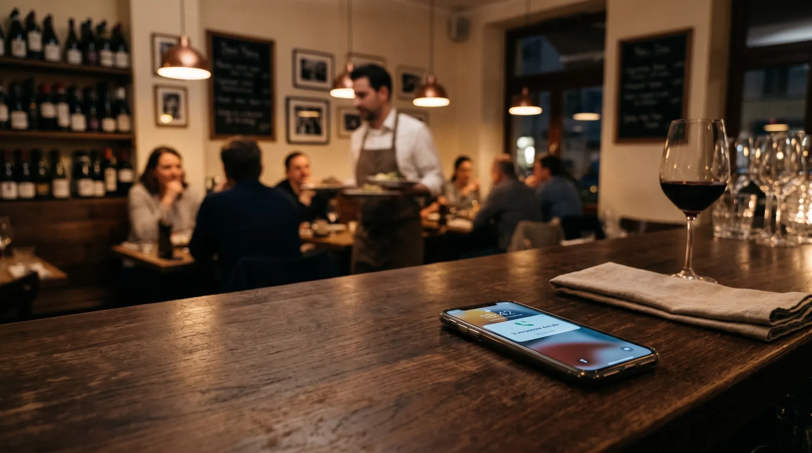 Smartphone mit Benachrichtigung über verpasste Anrufe auf der Bartheke eines gut besuchten Restaurants, im Hintergrund serviert ein Kellner