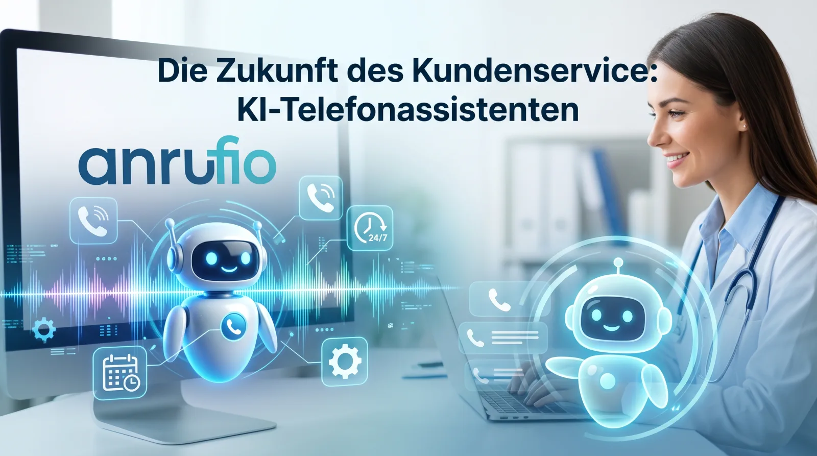 Illustration: KI-Assistent als Roboter mit Telefon- und Kalendersymbolen vor einem Bildschirm, daneben eine lächelnde Mitarbeiterin am Laptop, Titel „Die Zukunft des Kundenservice: KI-Telefonassistenten“